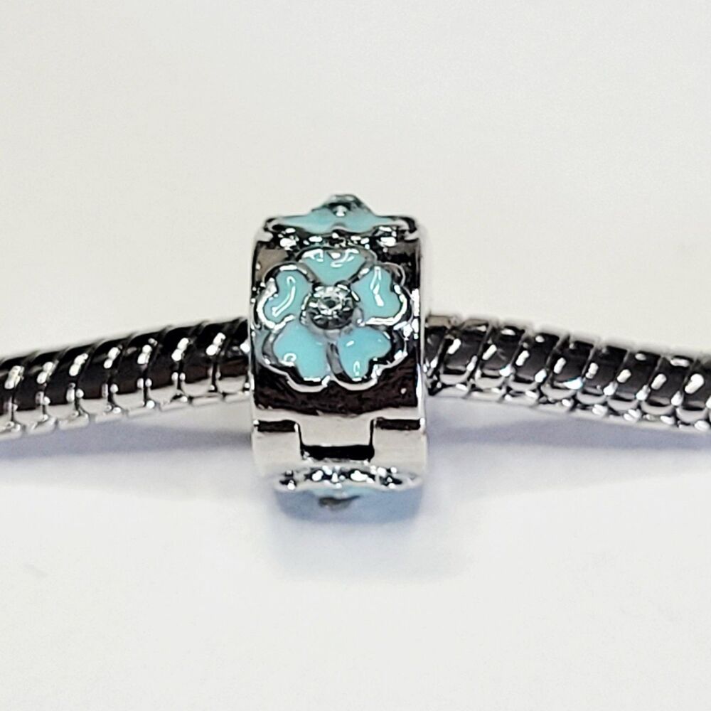 NWT For Pandora Bracelet Silver and Turquoise Blue Flower Stopper Clip Charm